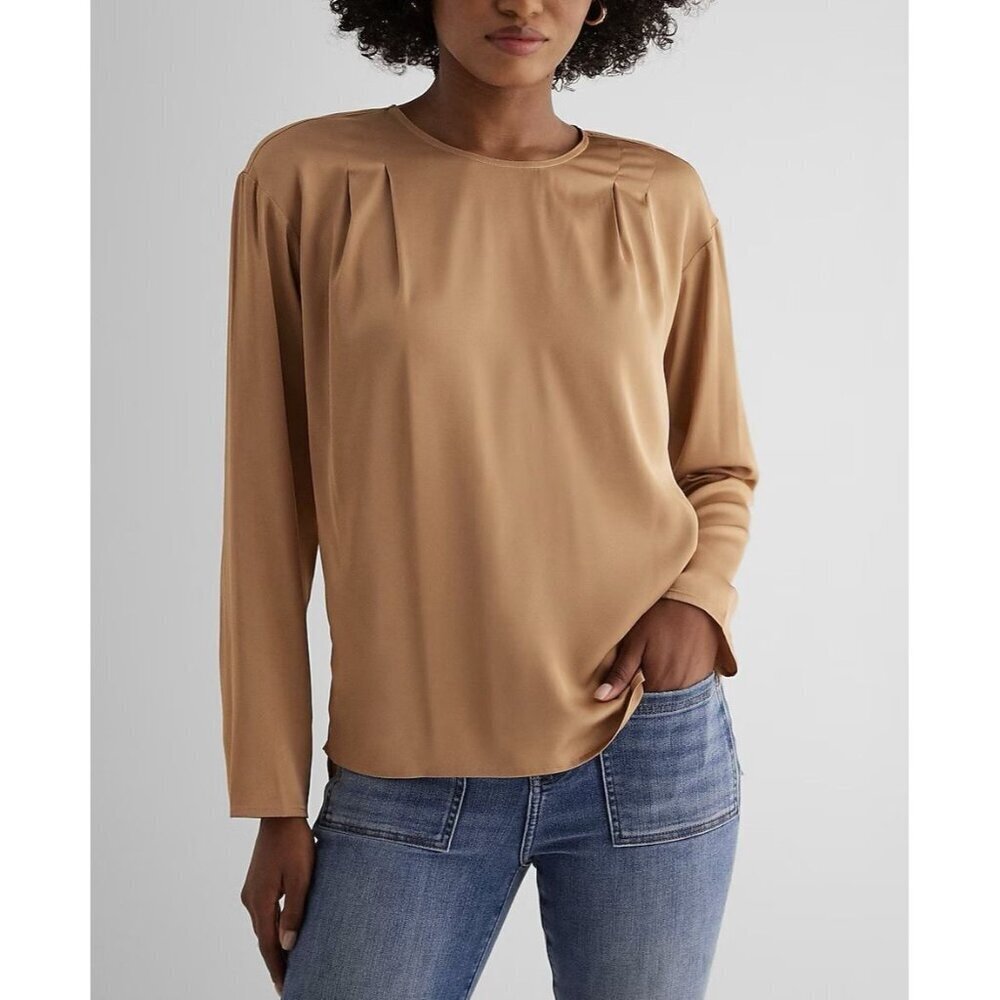 Express Women's Satin Long Sleeve Pleated Gramercy Tee Top Pecan Size XS NWT $54